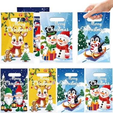 Imagem de BCCSNNM Bolsa de presente de Natal, 60 peças, sacolas de presente de Natal com alças fofas, boneco de neve, rena, anão, plástico, doces, biscoitos, lanches, sacolas para lembrancinhas de festa de