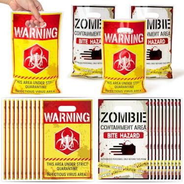 Imagem de K1tpde 50 peças de sacolas de lembrancinhas de festa de advertência de zumbi de Halloween, tema de Halloween, sacos de presente de plástico impressos a granel com alça para crianças, decoração de