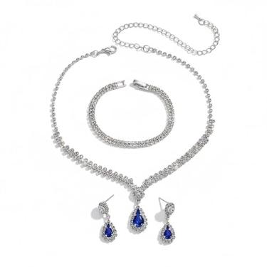 Imagem de Conjunto Feminino Colar Brinco Pulseira Gota Zircônia Cúbica Prata Verde Esmeraldo - Noiva Madrinha Casamento Festa Formatura Debutante - Presente Mãe Namorada Amiga - Clássico Delicado Elegante (Prata-Azul)