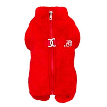 Imagem de Izefia Suéter de cachorro roupas roupas de lã suéter de lã macacão inverno quente moletom 4 pernas pijama moderno padrão rosto animal de estimação suéter para cão pequeno médio gato vermelho M