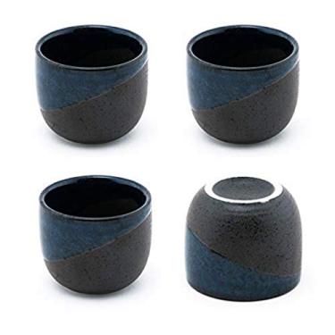 Imagem de Happy Sales HSSC-BLBK4A, conjunto de 4 copos de saquê de cerâmica perfeitos 60 ml, suprimento de restaurante japonês, azul e preto