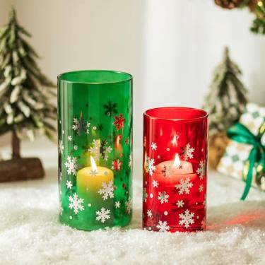 Imagem de Castiçais de vidro de furacão de Natal: Castiçais verdes vermelhos Glasseam para velas de pilar, decorações de floco de neve prateadas, vasos cilíndricos grandes para velas flutuantes mesa centro de