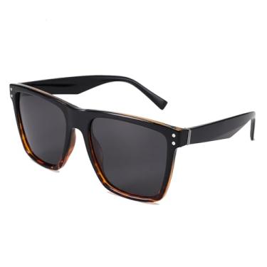 Imagem de Óculos de sol masculino feminino polarizado grande retrô armação quadrada, Parte superior preta inferior estampa de leopardo cinza, 53MM