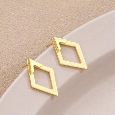Imagem de 2 pares de brincos vazados em formato de diamante geométrico dourado, One size, Metal, sem