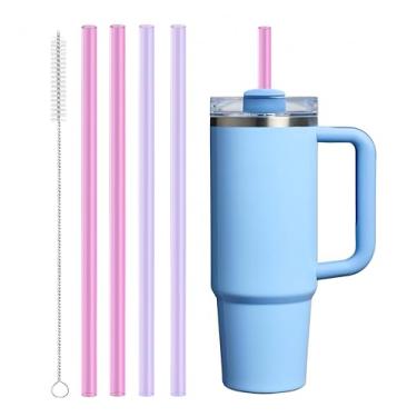 Imagem de 4 canudos Tritan de substituição compatíveis com Stanley Quencher de 850 g, copo copo de 1,134 g, canudos reutilizáveis com 1 escova de limpeza (roxo + rosa vermelha)
