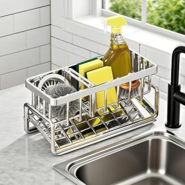 Imagem de Organizador de pia de cozinha – Suporte de esponja dividido em aço inoxidável 304, organizador de dispensador de sabão à prova de ferrugem para bancadas, decoração de cozinha e acessórios
