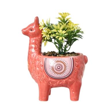 Imagem de Vaso de suculentas de cerâmica em forma de lhama com orifícios de drenagem, vaso de animais pintado à mão para cactos e suculentas internos, decoração de casa exclusiva e presente (vermelho)