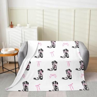 Imagem de Cobertor de lã de botas de vaqueira, estampa de couro bovino rústico, cobertor tribal, cobertor ocidental, para sofá, adultos, laço rosa, estilo princesa, laço rosa, cobertor macio para cama, sofá