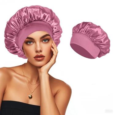 Imagem de Touca de banho de cetim rosa para mulheres, toucas de seda para dormir, protetor de cabelo, touca elástica de aba larga para dormir