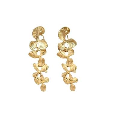 Imagem de Brincos de pressão florais dourados para mulheres, brincos modernos com pingente de flor, vintage, joia de orelha sem piercing, Zinco, Sem pedra preciosa