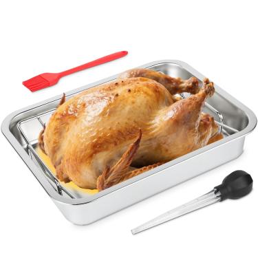 Imagem de DOLAMOTY Assadeira de aço inoxidável para torrefação de peru em V com panela, assadeira de 39,5 x 29,5 x 7 cm com prateleira plana para defumar e grelhar/para ovo verde grande grande e Kamado Joe etc