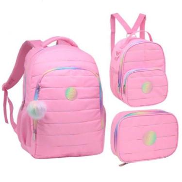Imagem de Kit Mochila De Costas Escolar Juvenil 18 Estampa Liso Feminina Com Lan