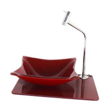 Imagem de Kit cuba de vidro quadrada 10mm com tampo 40cm vermelho cereja full e 