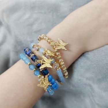 Imagem de Pulseiras femininas modernas de borboletas elásticas com contas hipoalergênicas empilháveis acessórios de moda joias presentes, One Size, liga metálica, Sem Pedra Preciosa