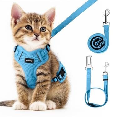 Imagem de Conjunto de arnês e coleira para gatos à prova de fuga de caminhada, arnês ajustável para carro de quatro lugares, colete macio para gatos com faixa refletiva para gatos, colete confortável ao ar