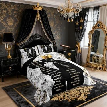 Imagem de Conjunto de cama queen para mulheres negras africanas, romântico, coroa, casal, borboleta, vintage, floral, vintage, dourado, preto, cinza, para quarto, 2 fronhas