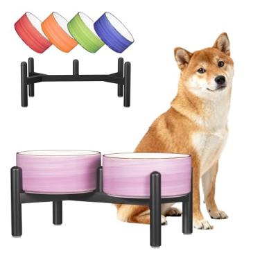 Imagem de Conjunto de tigelas elevadas de cerâmica para cães - Estação de alimentação para cães com tigelas duplas coloridas para raças pequenas e médias - Prato elevado antiderrapante para alimentação com