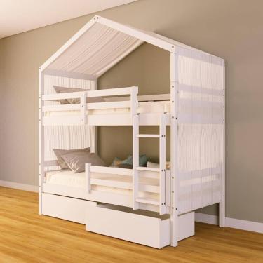 Imagem de Beliche Solteiro Casinha com Gavetas e Cortina e Grade de Proteção Madeira Maciça Branco Megamobilia