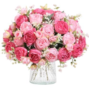 Imagem de Floweroyal 4 cachos de flores artificiais de peônia rosa buquês de peônias de seda para mesa de festa de casamento arranjos florais decoração de cozinha
