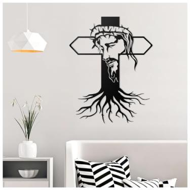 Imagem de MDFUGEG Decoração de parede de Jesus com cruz de metal - 36,8 x 29 cm Arte de parede religiosa preta para católicos cristãos | Decoração de quarto, decoração de quarto, batismo dia das mães presentes