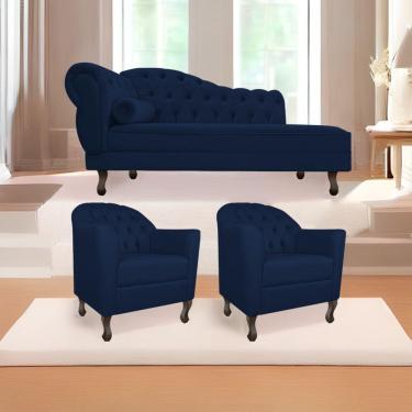 Imagem de Kit Diva 185Cm Lado Direito E 02 Poltronas Julia Suede - Doce Sonho Móveis Azul Marinho