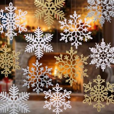 Imagem de Knitgrip 24 peças de enfeites de floco de neve grandes para decoração de árvore de Natal, 25 em 30 em glitter, flocos de neve decorativos com cordão para árvore de Natal, janela, guirlanda, decoração