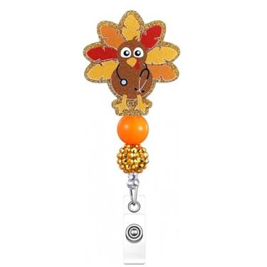 Imagem de Carretel de crachá engraçado de peru, porta-crachá de ação de graças, retrátil, outono, peru, com clipe jacaré e miçanga, outono, inverno, férias, acrílico, para enfermeiros, professores, colegas de