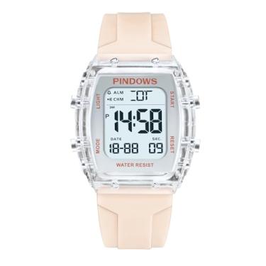 Imagem de PINDOWS Relógio esportivo digital feminino, caixa transparente transparente, luz LED brilhante, resistente à água de 5 ATM, cronômetro, alarme de tempo duplo, relógio elegante para mulheres e