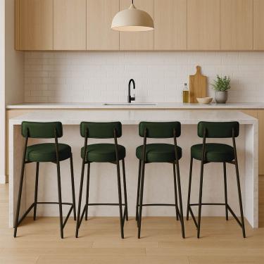 Imagem de Banqueta Cozinha Média Com Encosto Industrial Preto Kit 4 Londres Pu Verde D03 - D'rossi