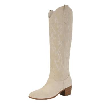 Imagem de STALOV Botas de caubói femininas de camurça bordada na altura do joelho, botas de cowgirl, bico fino, salto grosso, bota alta, Bege, 37