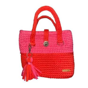 Imagem de Bolsa de Crochê Artesanal em Fio de Malha | Cores Neon Pink e Laranja Color Block | Formato Estruturado Tote Bag com Tassel | Acessório de Verão e Praia Feito à Mão
