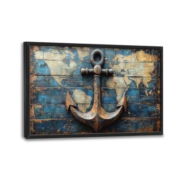 Imagem de Arte de parede emoldurada de âncora rústica grande vintage decoração de parede em tela náutica mapa do mundo imagens impressão pintura arte moderna decoração de casa para sala de estar quarto