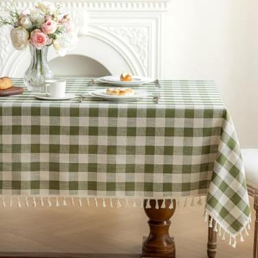 Imagem de NALVXIN Toalha de mesa quadriculada retangular de algodão e linho, toalha de mesa com borla, lavável, sem rugas, capa de mesa xadrez búfalo resistente para jantar/festa/piquenique (verde, 139,7 cm x