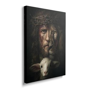 Imagem de Arte de parede em tela de Jesus Leão de Judá pinturas de arte cristã impressões religiosas de Deus Ovelha leão arte moderna para banheiro sala de estar quarto escritório decoração de parede emoldurada