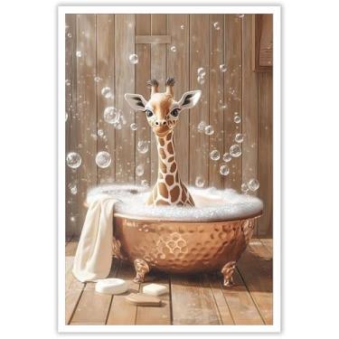 Imagem de Linda girafa na banheira decoração de banho pintura em tela pôster arte de parede de banheiro adequado para casa quarto banheiro dormitório decoração de parede 30 x 40 cm sem moldura