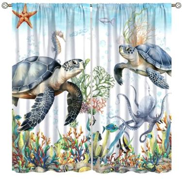Imagem de Fblifil Cortina de animais oceânicos tartaruga marinha vida subaquática polvo estrela do mar algas marinhas coral mar náutico engraçado impresso varão bolso cortinas de janela para quarto decoração de