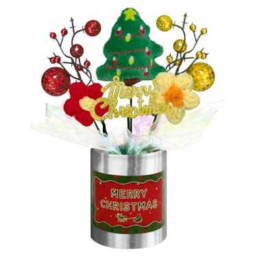 Imagem de Mini decoração de mesa de Natal, árvore de Natal de pelúcia feita à mão e flores de crochê com base prateada, mini decoração festiva de 20 cm pequena peça central para mesa, bancada, cornija, mesa