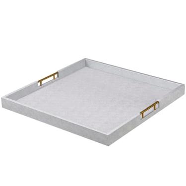 Imagem de Bandeja de otomana extra grande de couro sintético prateado de 61 x 61 cm com alças douradas para servir comida e café da manhã na cama, organizador de mesa de centro quadrado, decoração de casa e