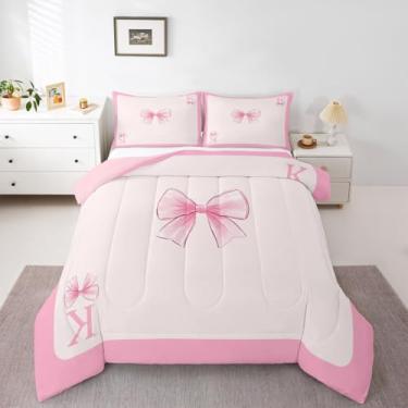 Imagem de jejeloiu Conjunto de edredom infantil com laço rosa, tamanho solteiro, personalizado, inicial K, edredom de princesa, para crianças, meninos, meninas, quarto, laço, alfabeto, microfibra, ultramacia