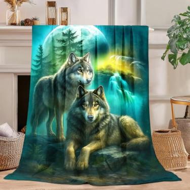 Imagem de Cobertor de lobo, azul-verde, cobertor de lã de lobo, super macio, felpudo, aconchegante, quente, decoração de lobos, cobertores de cama de pelúcia presente para meninos, meninas, homens, mulheres