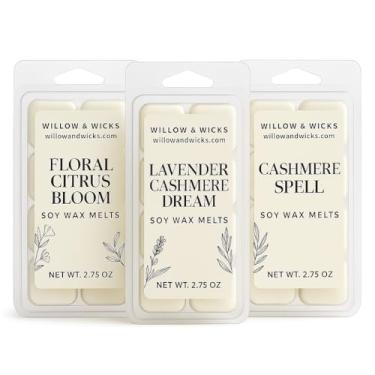 Imagem de Willow & Wicks Botanical Bloom Trio – Pacote com 3 pacotes de cera de soja | Flor cítrica floral, sonho de caxemira de lavanda, feitiço de caxemira | Cera de concha feita à mão derrete