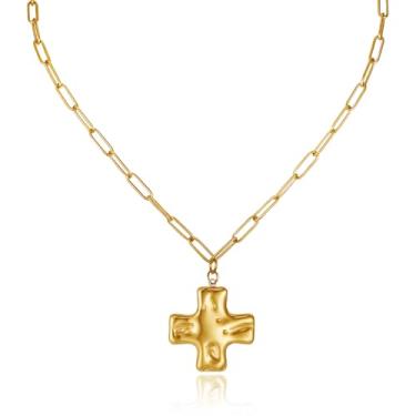 Imagem de Catuni Colar de cruz grossa para mulheres, pingente de cruz, banhado a ouro 14K, colar grosso religioso, joia de aço inoxidável, clipe de papel