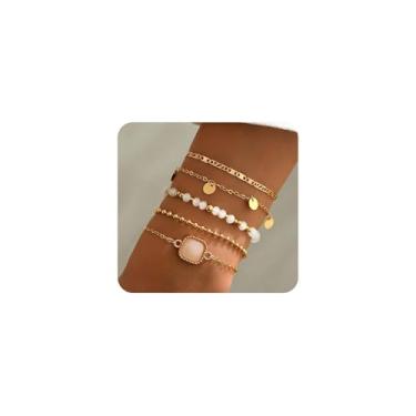 Imagem de Conjunto de 5 peças de pulseiras de corrente de elos de cristal dourado para mulheres, vintage geométrico, contas estéticas, pingente de disco, pulseira empilhada, joias de declaração, presentes