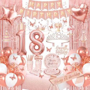 Imagem de Decorações de aniversário de 18 anos de ouro rosa, decorações de feliz aniversário de 18 anos para meninas e mulheres, pacotes de festa de aniversário com faixa de ouro rosa, balões número 18, faixa