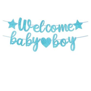 Imagem de Faixa de bebê de boas-vindas com glitter azul, kit de sinal de saudação de chá de bebê, decorações de evento revelador de gênero para berçário de boas-vindas ao lar, faixa de suprimentos de festa de