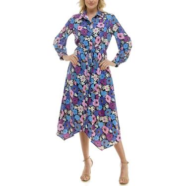 Imagem de Nicole Miller Vestido feminino de manga comprida com bainha e botão frontal, Estampa multicolorida preta, 42