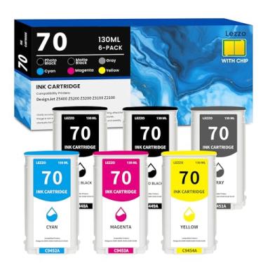 Imagem de Lezzo Cartucho de tinta 70 130 ml, pacote com 6 com chip C9448A, C9449A, C9450A, C9452A, C9453A, C9454A, substituição de tinta para tinta HP 70 para impressora DesignJet Z5400 Z5200 Z3200 Z3100 Z2100