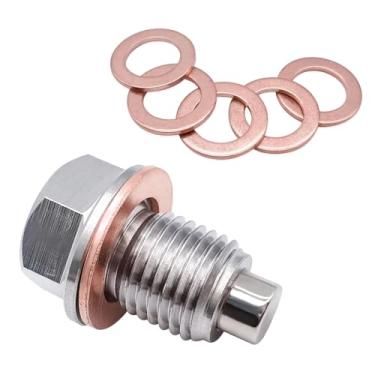 Imagem de CyperFair Bujão de drenagem de óleo M14 x 1,5, parafuso de absorção de detritos de aço inoxidável com 5 arruelas de vedação de cobre, porca de panela de óleo resistente antivazamento, substituição