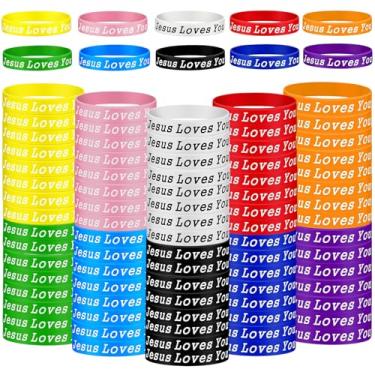 Imagem de ZETEAKER Pulseira de silicone Jesus Loves You, 90 pulseiras coloridas de Jesus Cristão, pulseiras de borracha cristã a granel, pulseiras religiosas para homens, mulheres, lembrancinhas de festa