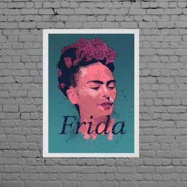 Imagem de Quadro Decorativo Frida Rosa E Azul 24X18Cm Moldura Branca - Quadros O